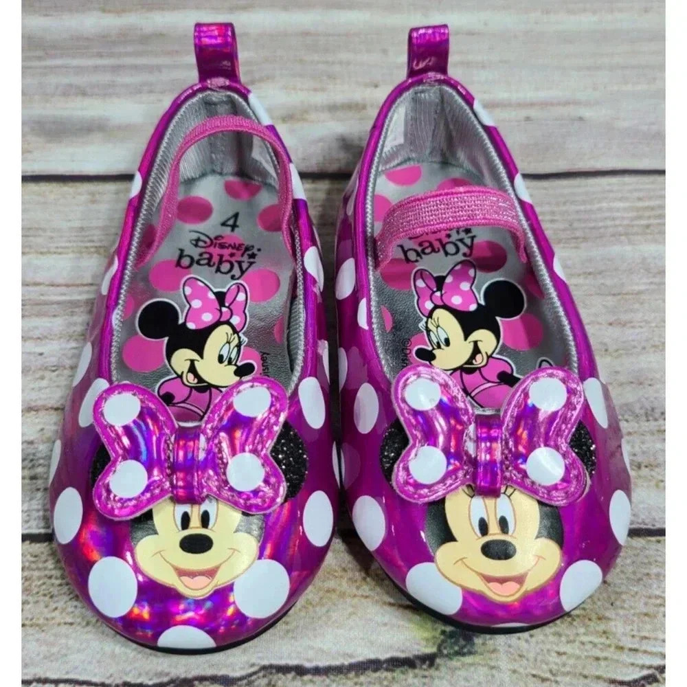 Disney Baby Minnie Mouse Mary Jane Flats Baby Size 4 Pink White Polka Dots Bows - Picture 2 of 7